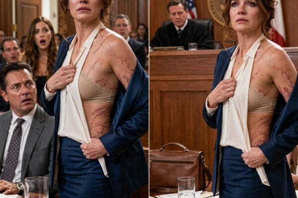 Au beau milieu de notre audience de divorce, mon mari s’est moqué de mes vingt années de travail dans son restaurant et m’a dit : « Tu n’étais qu’une bête de somme. » Je n’ai pas crié, je me suis simplement levée, j’ai ouvert ma veste et je lui ai montré les cicatrices qu’il croyait à jamais enfouies.